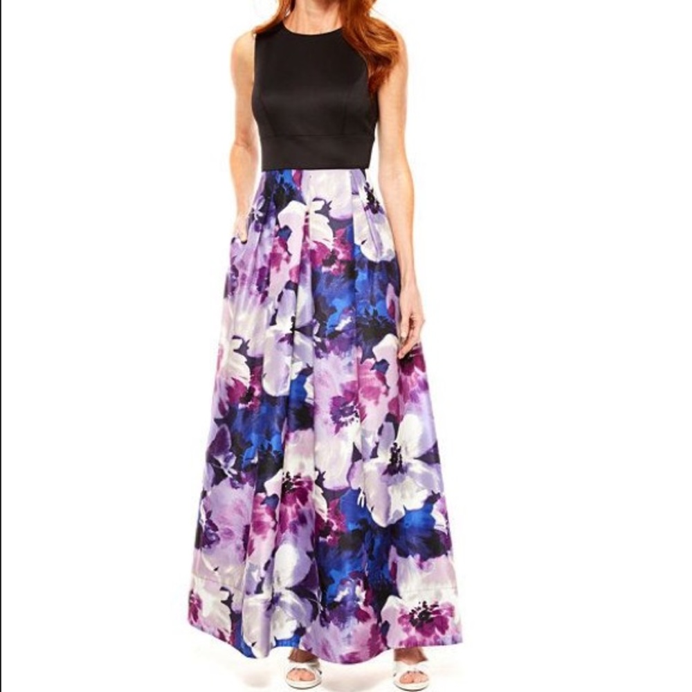 Floral Maxi Gown with Black Bodice - Women's Purple Floral Dress